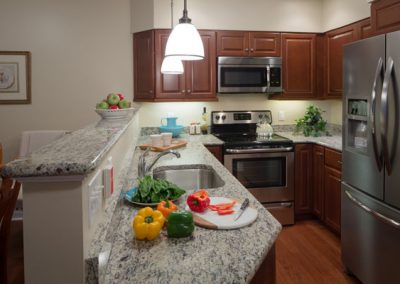 Kitchen with stainless steel appliances and granite island