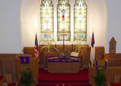 Overhead view of front of chapel with stained glass