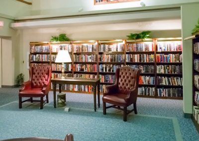 Two leather chairs and a lamp in a well-stocked library