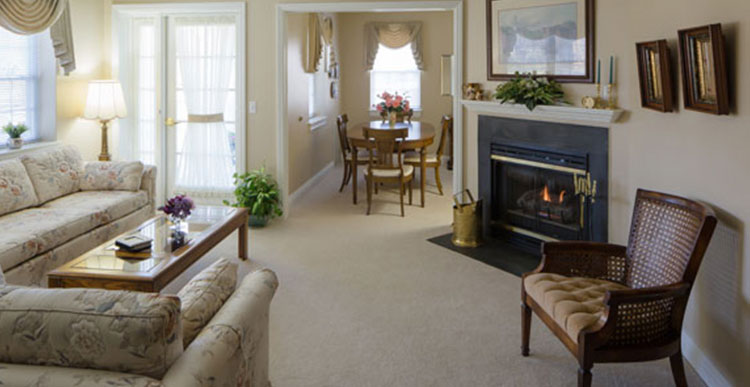 Interior of independent living residence with fireplace